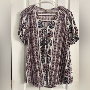 Lucky Brand Lace-Up Short Sleeve Blouse, Size M